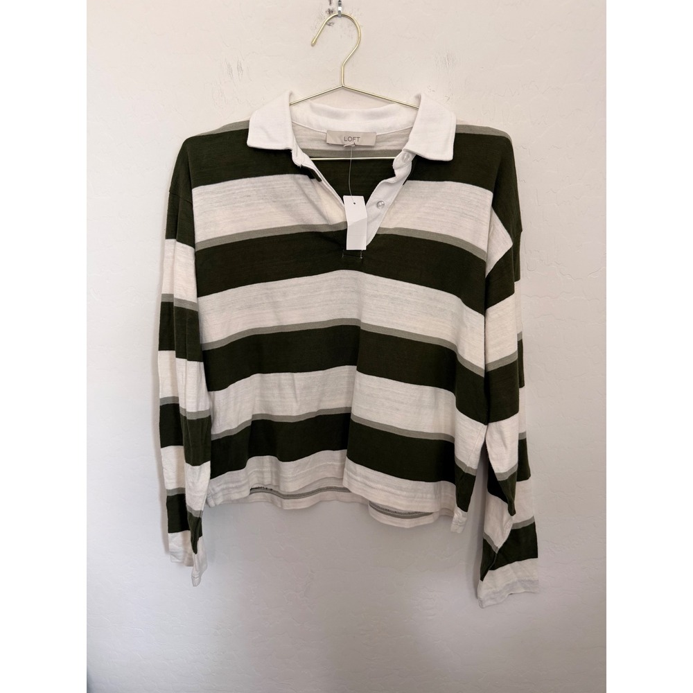 LOFT Womens Striped Rugby Polo Shirt Long Sleeve Olive Green White Size M NWT